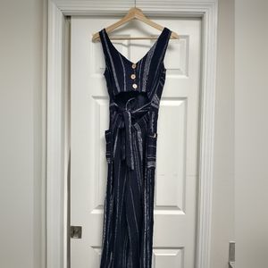 Boho Linen blue/ white striped sleeveless jumpsuit with Open Back